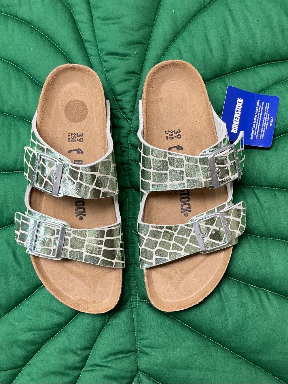 NWT Birkenstock arizona two strap mint green shiny animal print sandals. Size 8
